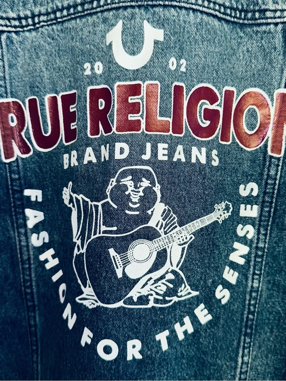 True Religion Denim Jacket Red Ladder Stitch Men’s Medium Blue Quartz Wash Budda